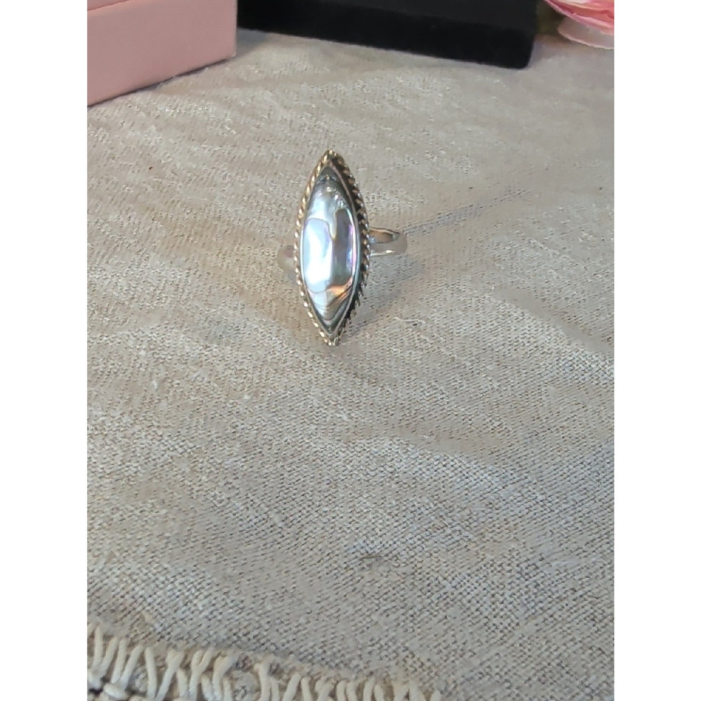 Vintage Mexico Abalone Shell Ring  Alpaca Silver Marquise Artisan Ring