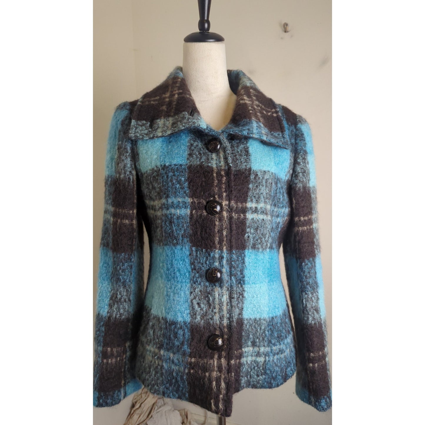 Vintage Mod Mohair Silk Wool Teal & Brown Plaid Lined Jacket Women's Size 8