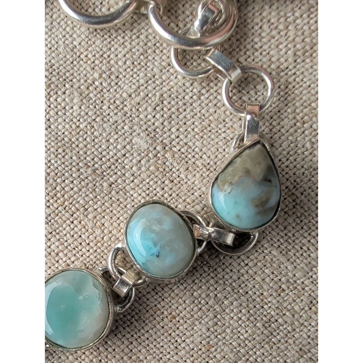 Vintage 925 Sterling Silver Blue Larimar Cabochon Bracelet Ornate Toggle