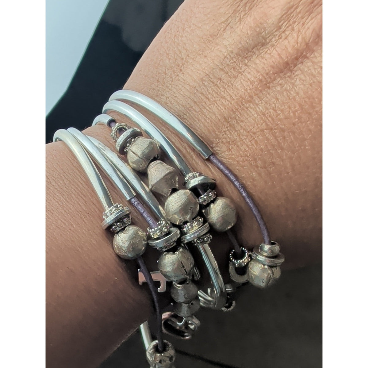 Lizzy James Leather Wrap Bracelet Necklace Convertible Silver & Gold Plated Sz L