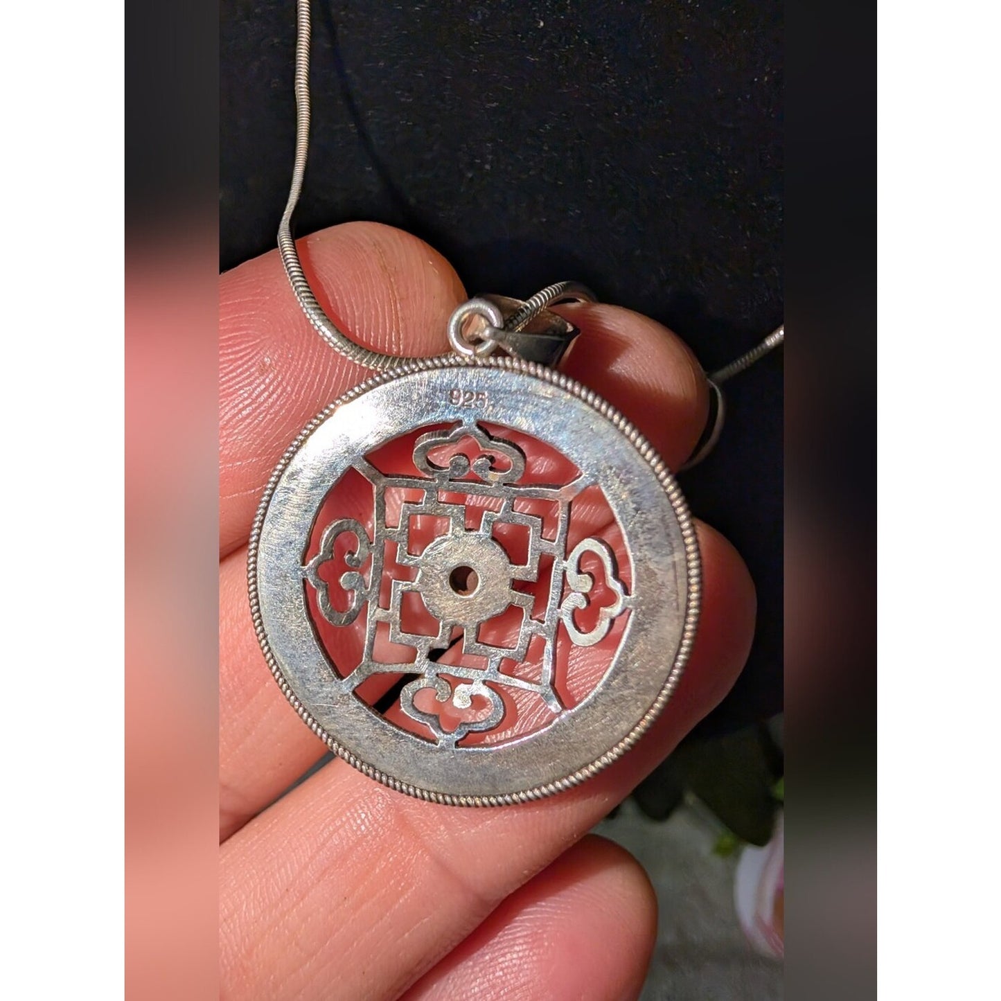 Sterling Silver 925 Tibetan Mandala Pendant Necklace & Earrings Set Red Cabochon