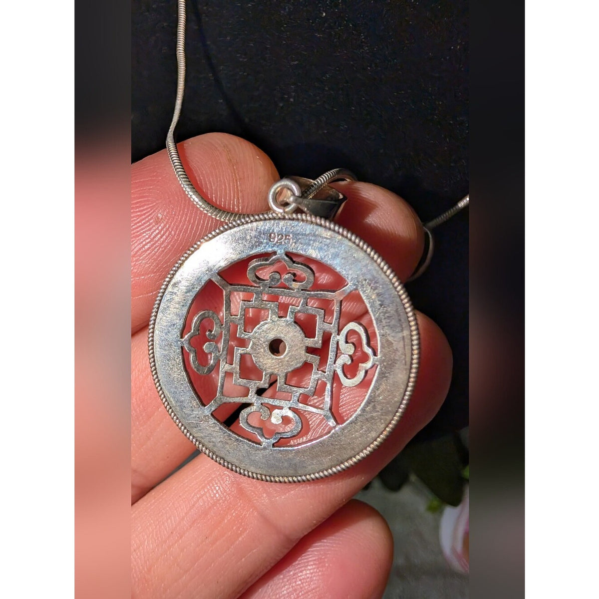 Sterling Silver 925 Tibetan Mandala Pendant Necklace & Earrings Set Red Cabochon