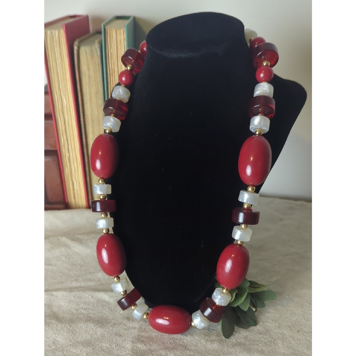 Vintage Monet Red 90's Retro Necklace Chunky Lucite & Gold Beaded Cranberry