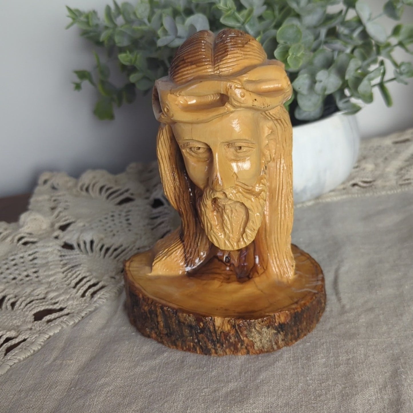 Vintage Hand Carved Olive Wood Jesus Bust Holy Land Israel Religious Carving