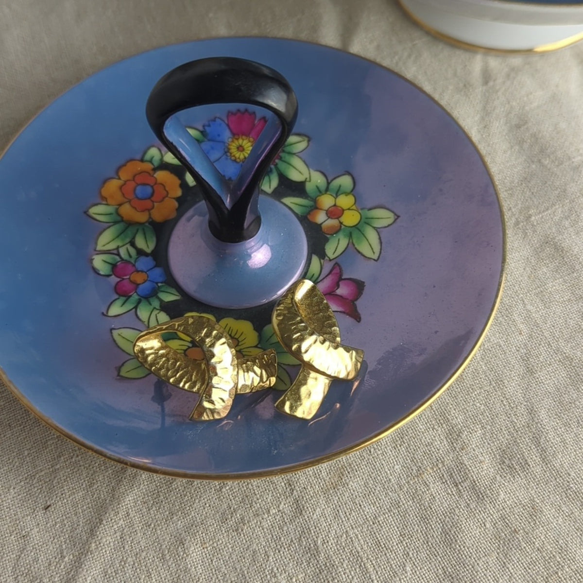 Vintage Noritake Hand Painted Dish Set Blue Floral Bowl & Handled Mini Platter