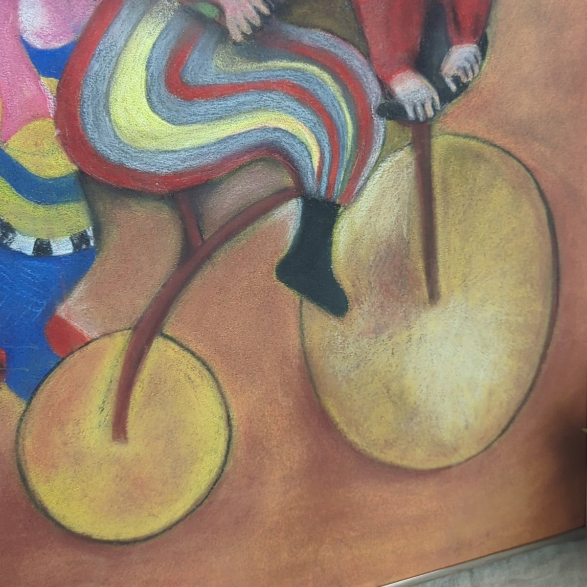 Large Textured Folk Art Painting Couple on Tricycle Whimsical Textured Art