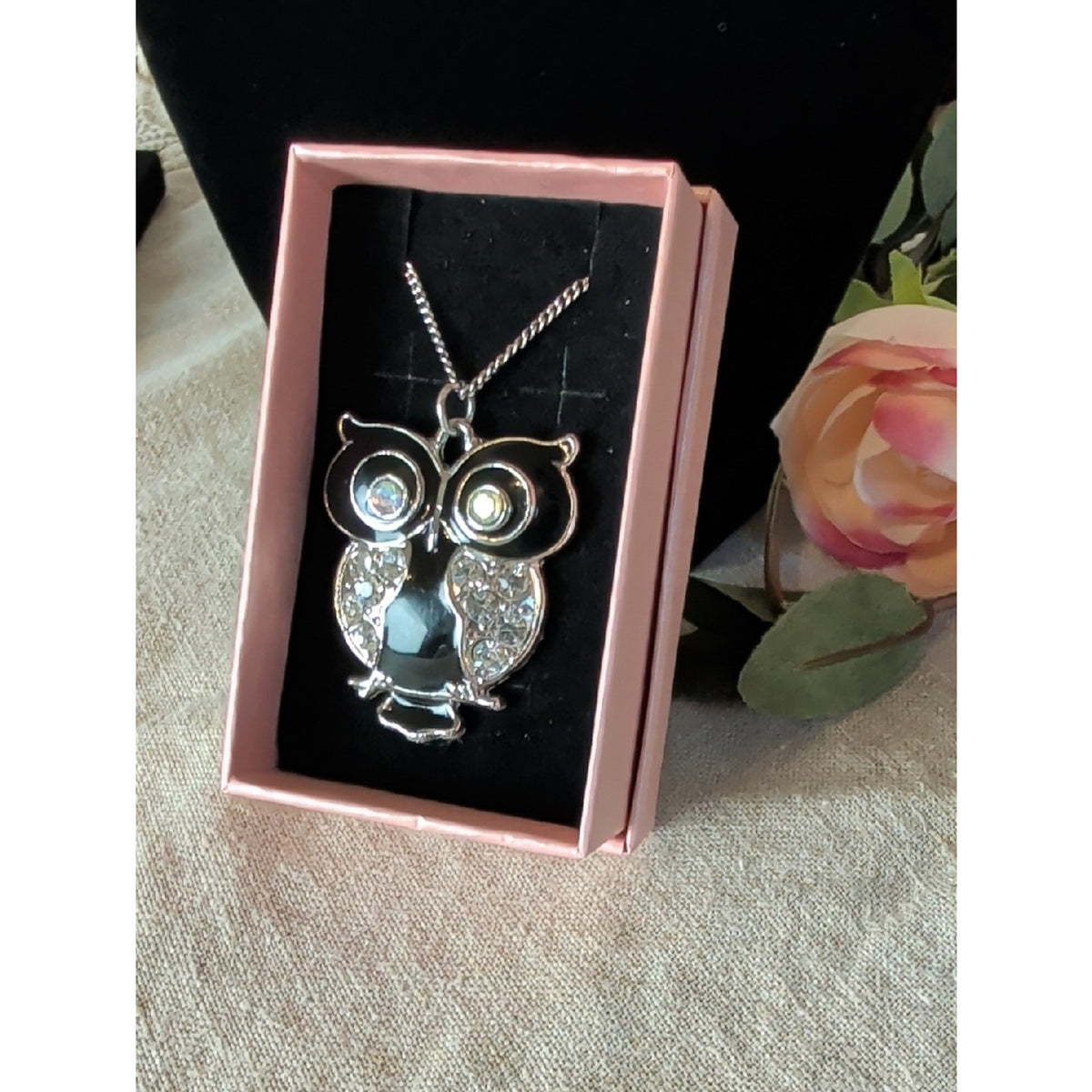 Vintage Black Enamel Owl Pendant Necklace Large 2" Rhinestone Glass Crystal