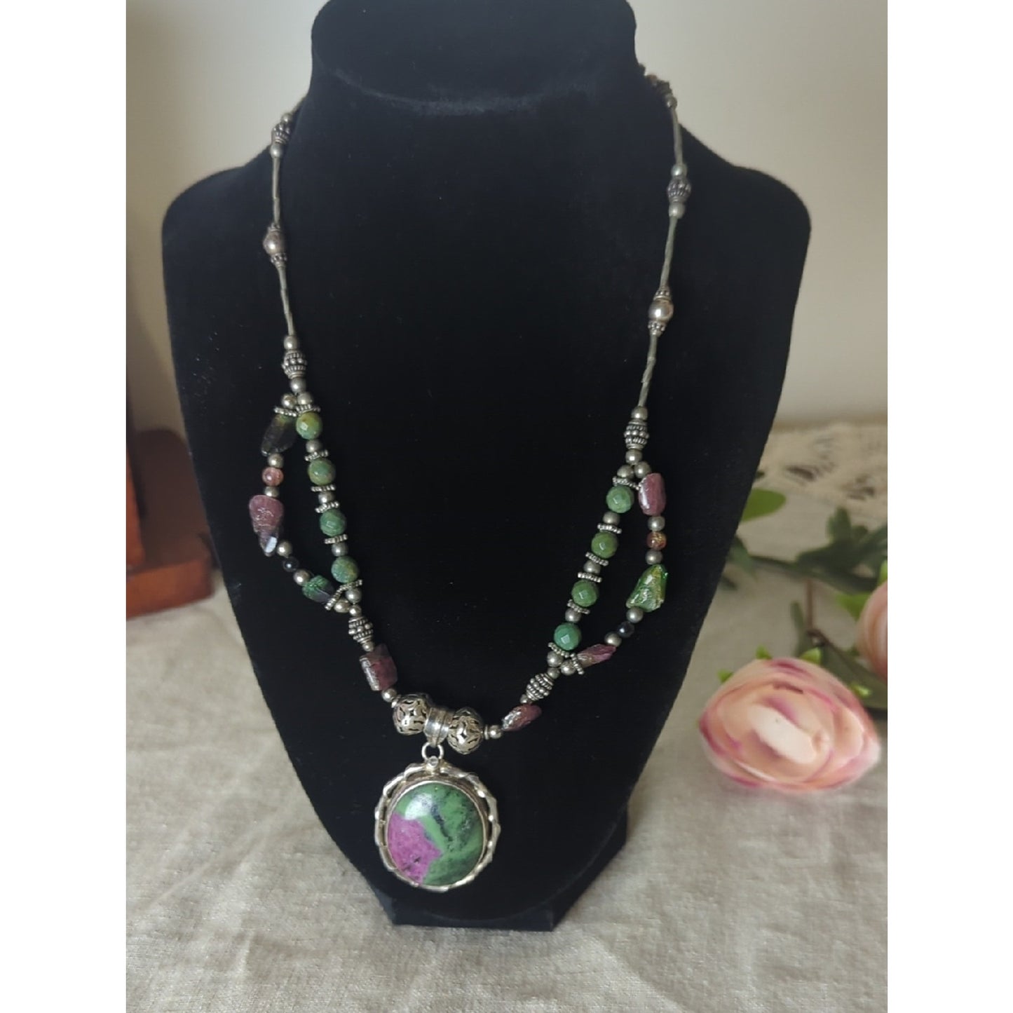 Sterling Silver Ruby Zoisite Statement Necklace, Artisan Gemstone Pendant