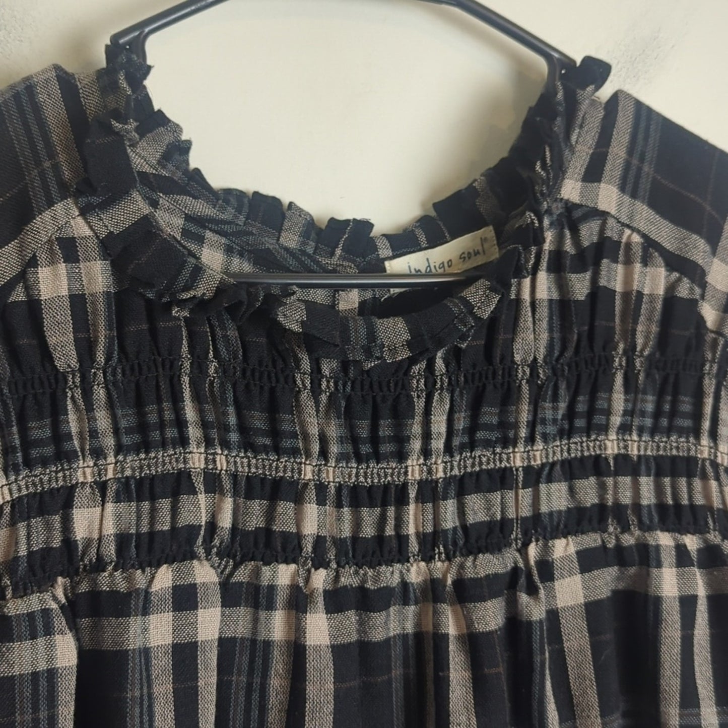 Plaid Babydoll Pop-Over Top Smocked Lightweight Swing Top-Black Women's Medium
