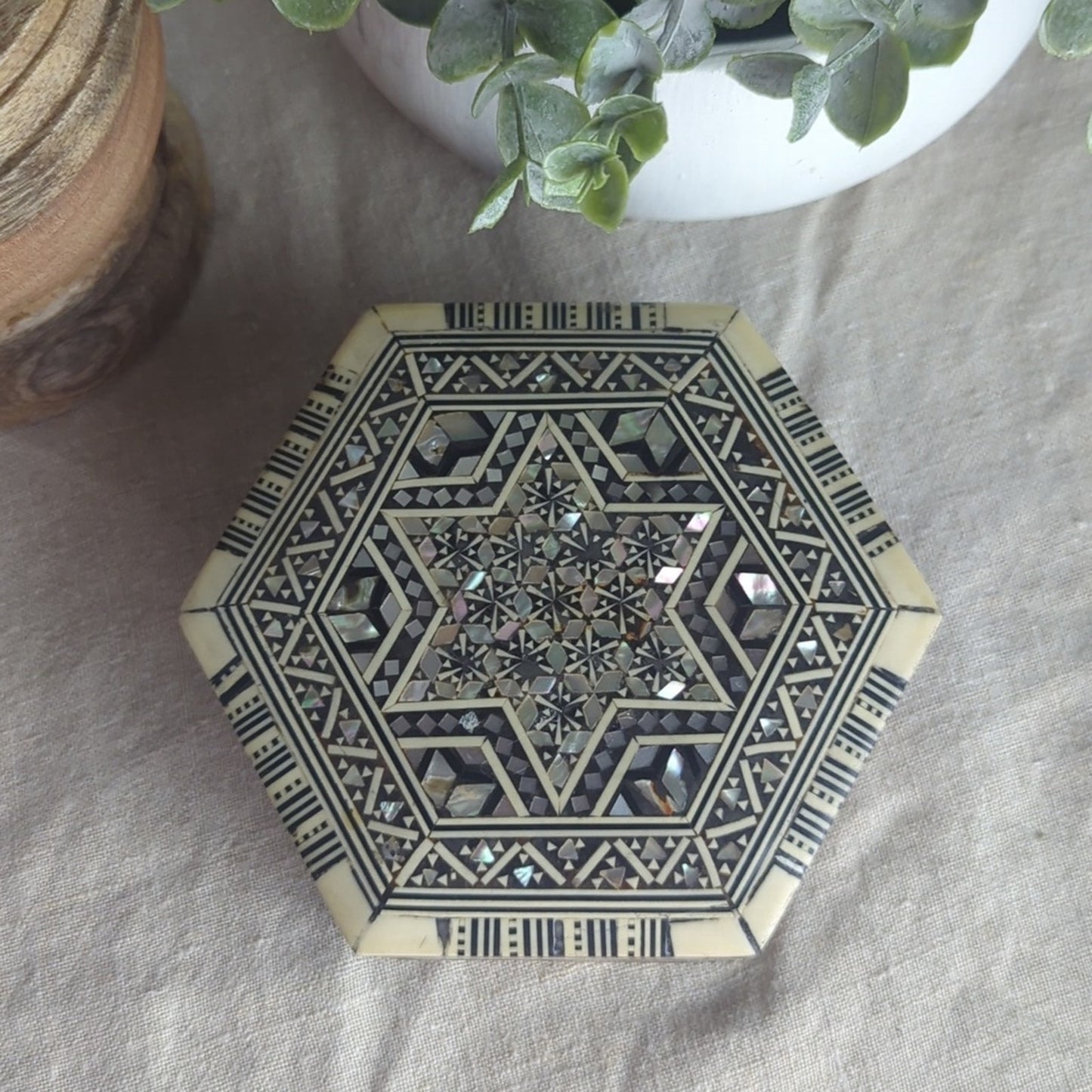 Vintage Damascus Mosaic Jewelry Box, Syrian Mother of Pearl Inlay Trinket Box