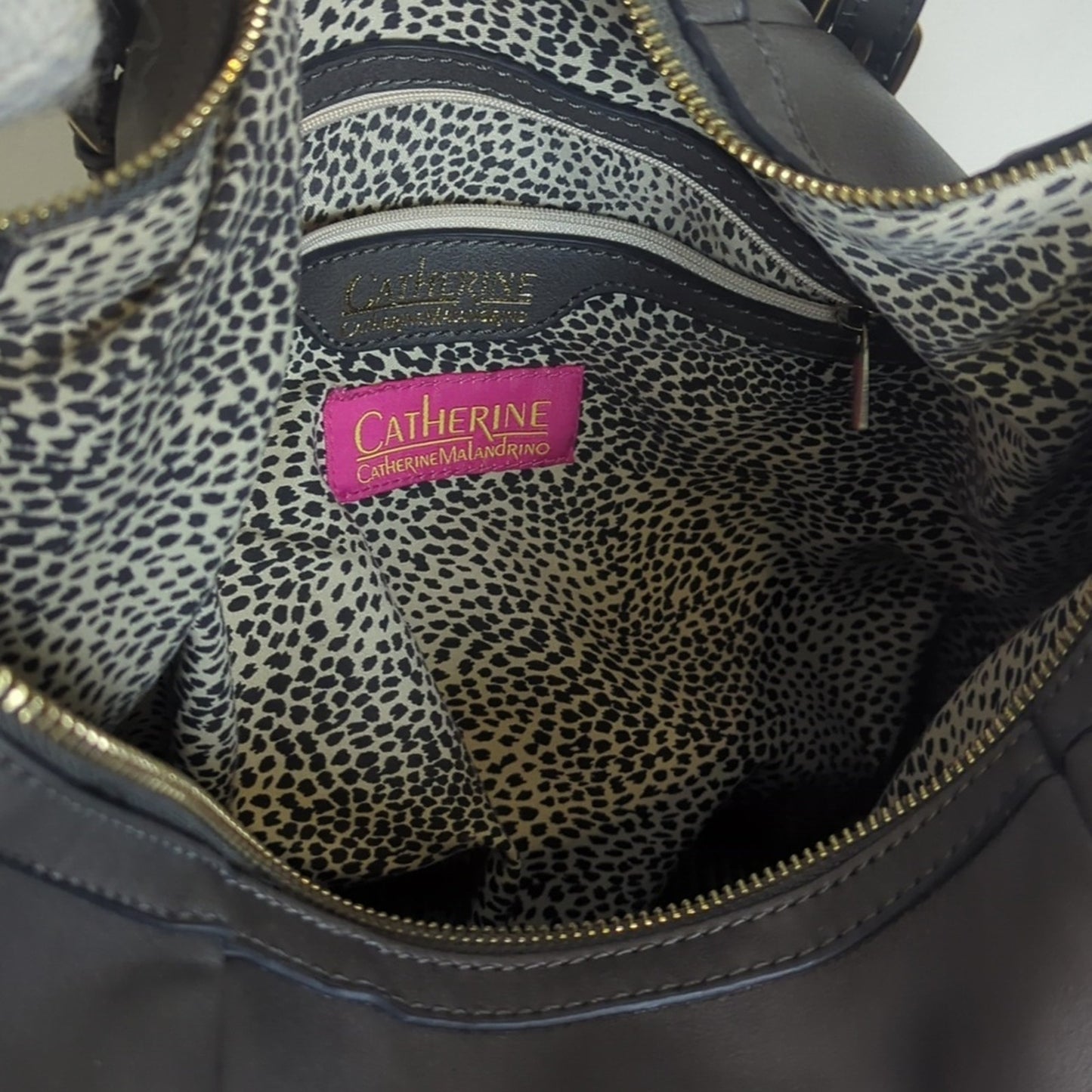 Vegan Leather Shoulder Hobo Bag Tote Charcoal Grey Animal Print Interior