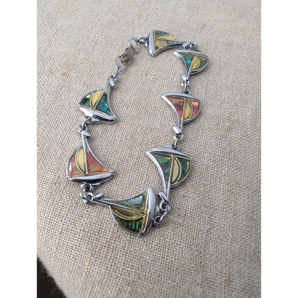 Vintage Silver Tone Sailboat Abalone Inlay Link Bracelet 7.5".
