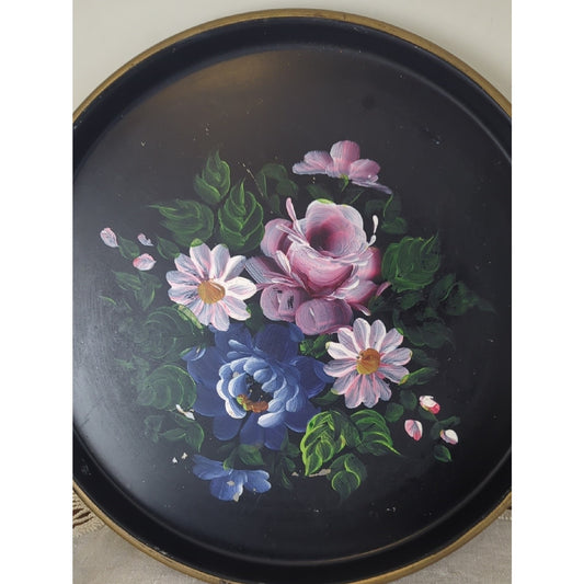 Vintage Floral Tole Tray Vanity Wall Romantic Cottagecore Painted Metal Tray