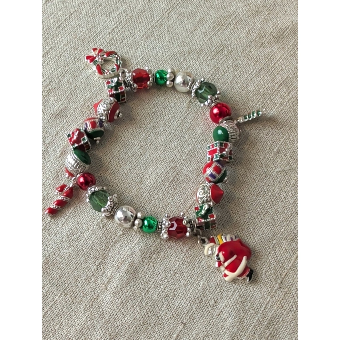 Vintage 80s Christmas Charm Bracelet Santa Tree Candy Cane Holiday Stretch
