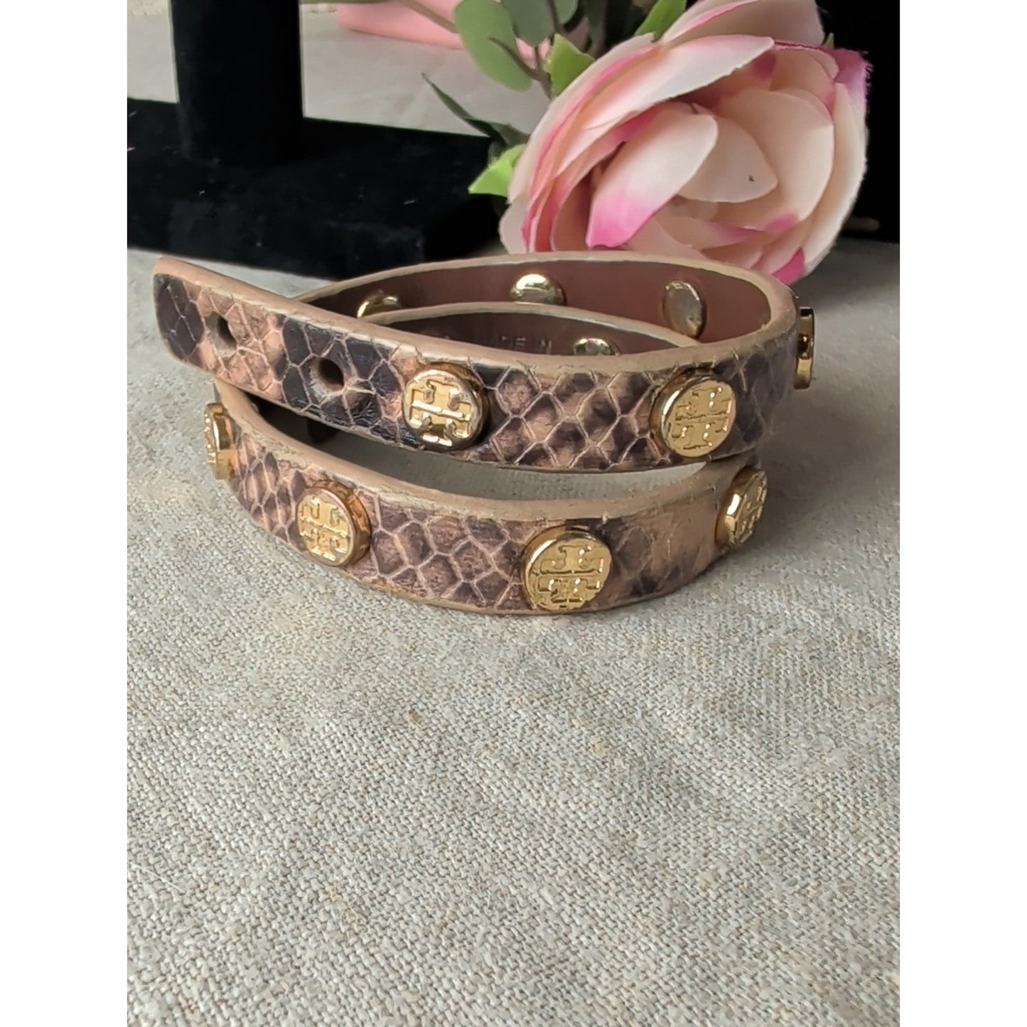 Tory Burch Brown Leather Double-Wrap Bracelet with Gold Studs