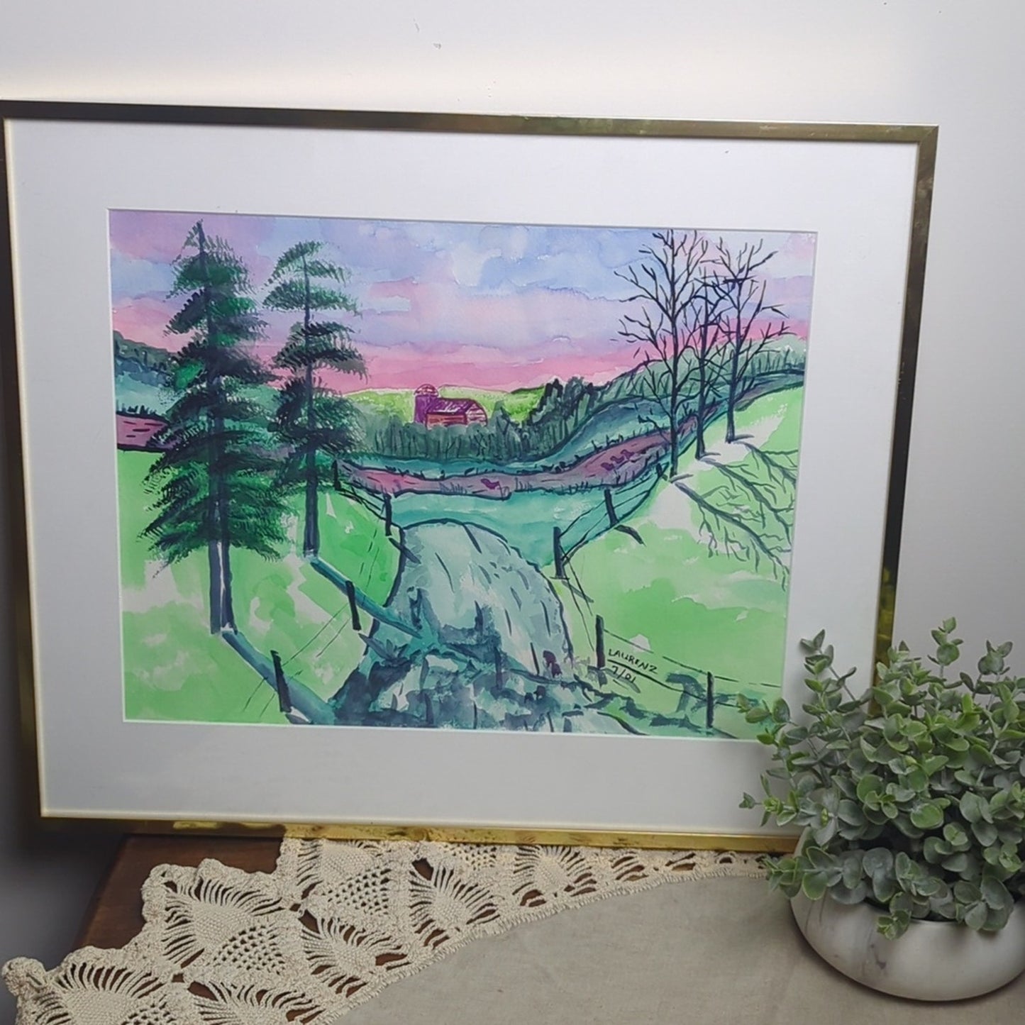 Original Watercolor Landscape Painting Framed Countryside Art Signed Laarenz