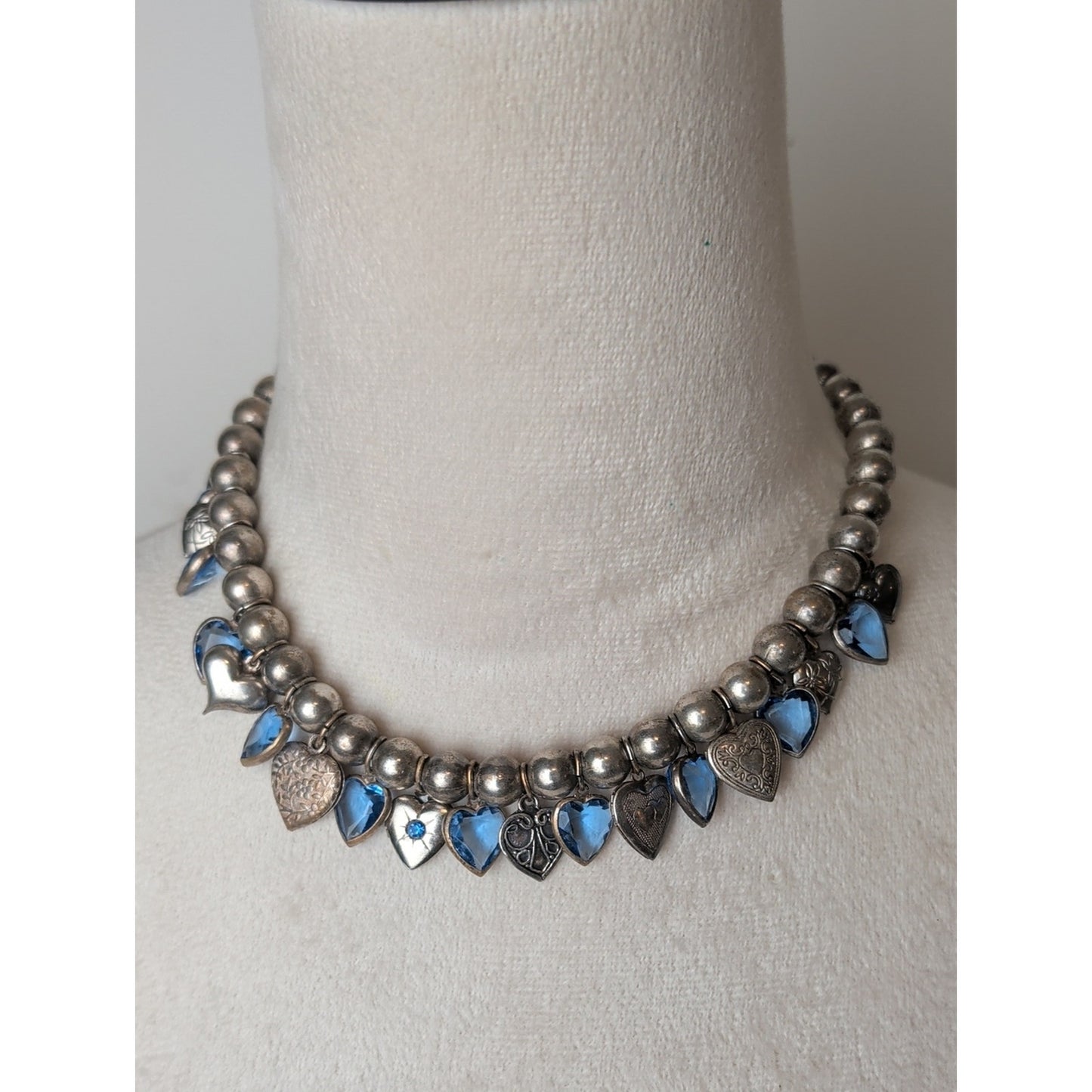 Vintage Artisan Heart Charm Necklace Sterling Accent Blue Faceted Glass
