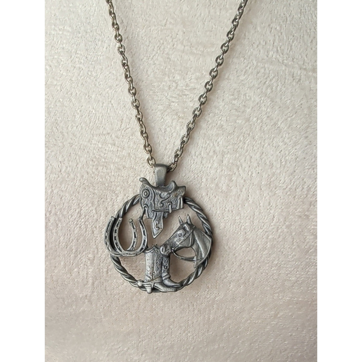 Western Horse Necklace Cowboy Boots Saddle Horseshoe Pewter Tone Pendant