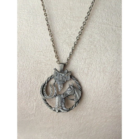 Western Horse Necklace Cowboy Boots Saddle Horseshoe Pewter Tone Pendant