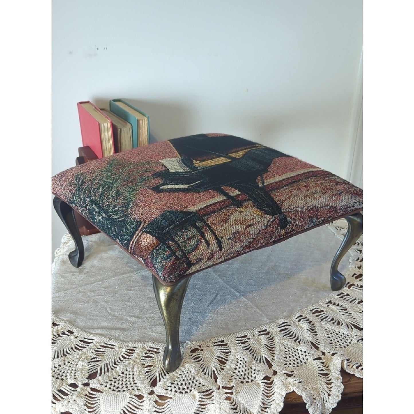 Vintage 90's/Y2K Tapestry Footstool  Baby Grand Piano Upholstery