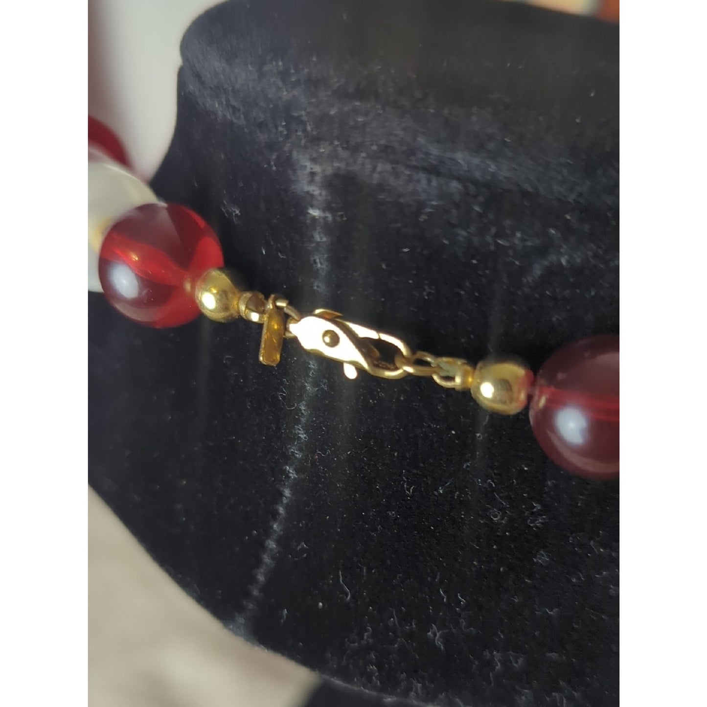 Vintage Monet Red 90's Retro Necklace Chunky Lucite & Gold Beaded Cranberry