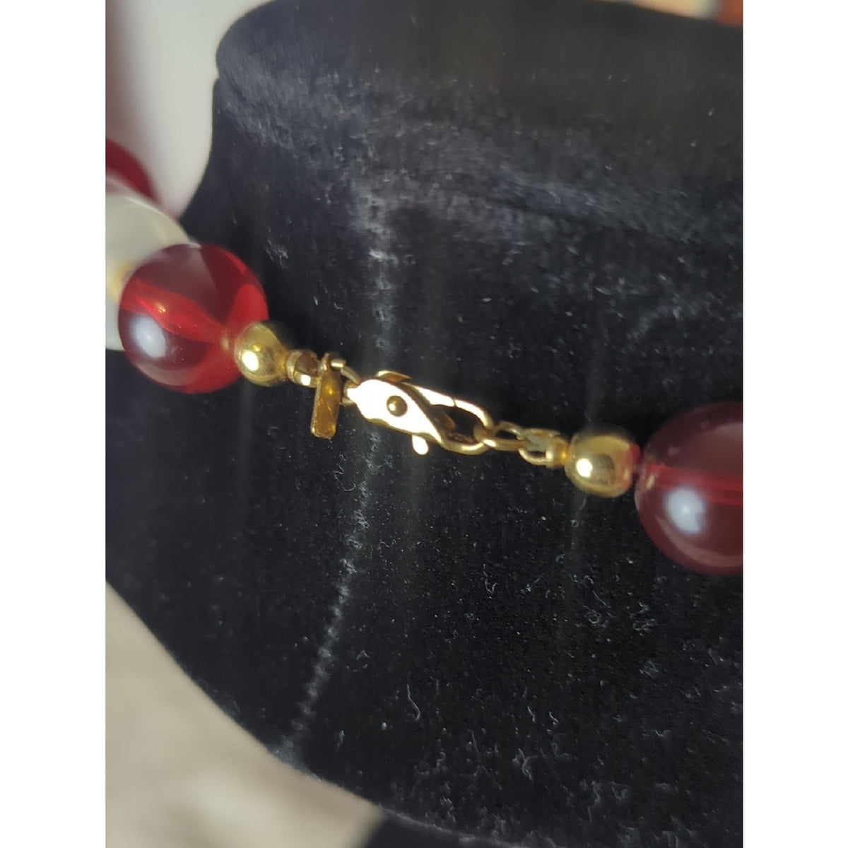 Vintage Monet Red 90's Retro Necklace Chunky Lucite & Gold Beaded Cranberry