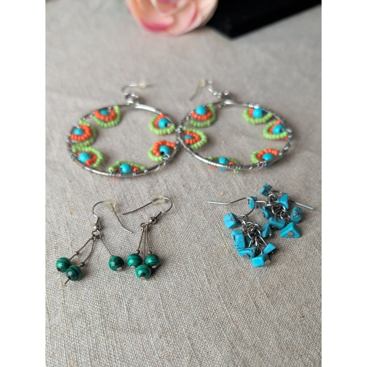 Boho Southwestern Earring Lot of 3 Pairs Artisan Style Beaded Hoops & Dangles