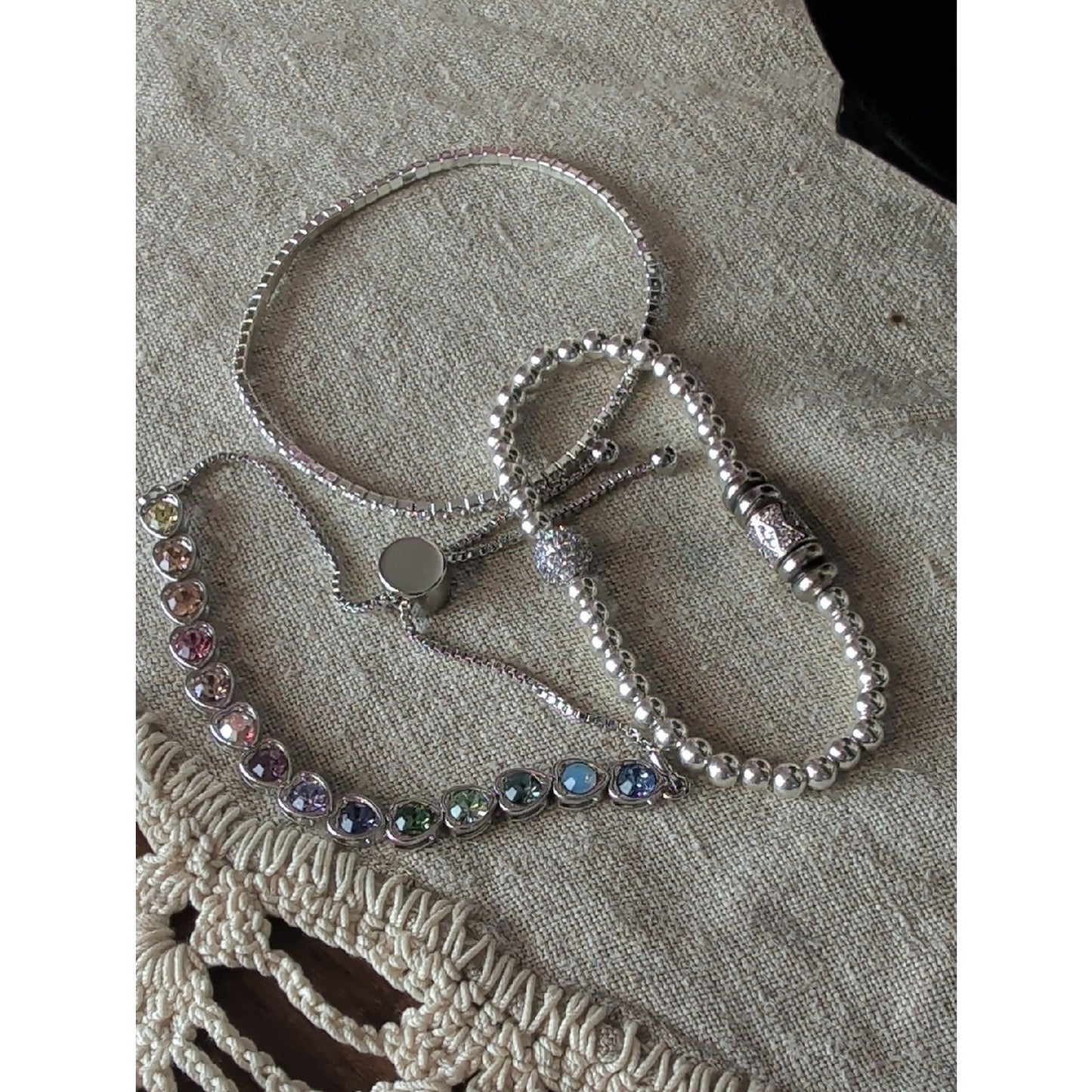 Y2K Pastel Rainbow Heart Bracelet Set  Layered Silver Glam Stack