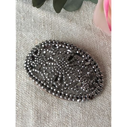 Vintage M.G. France Oval Cut Steel Style Belt Buckle French Floral Starburst