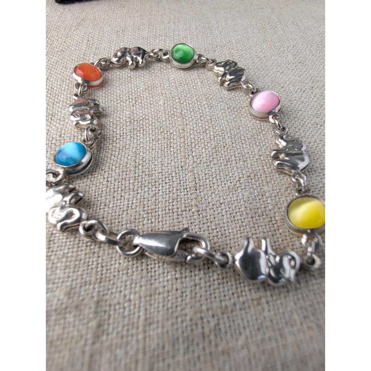 Italy 925 Sterling Silver Elephant & Multicolored Cats Eye Glass Cabochons