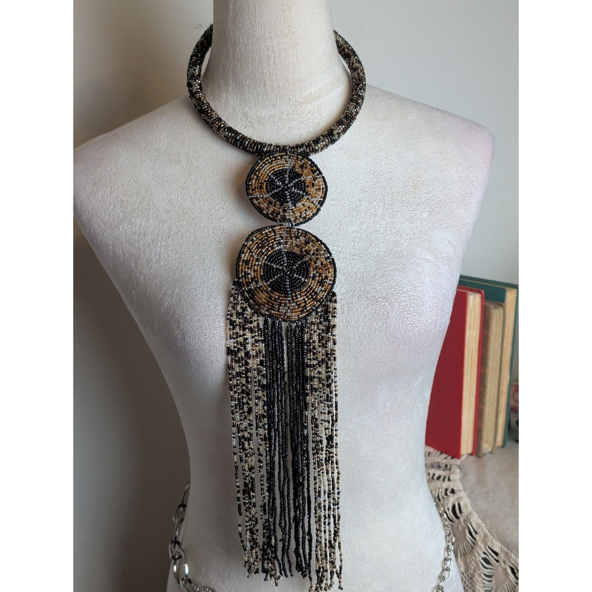 Handcrafted Beaded Fringe Statement Necklace Tribal Boho Luxe Wearable Art