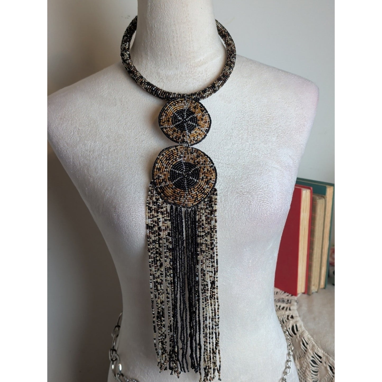 Handcrafted Beaded Fringe Statement Necklace Tribal Boho Luxe Wearable Art