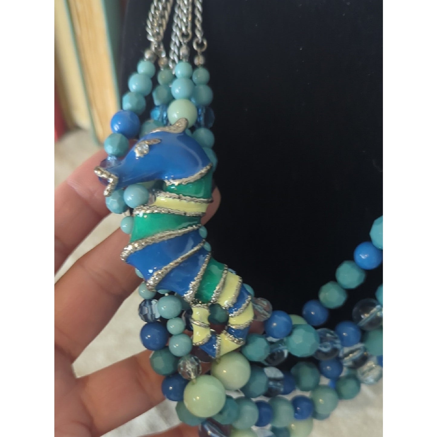 Vintage Seahorse Statement Necklace, Coastal Art to Wear, Layered Beaded Ocean