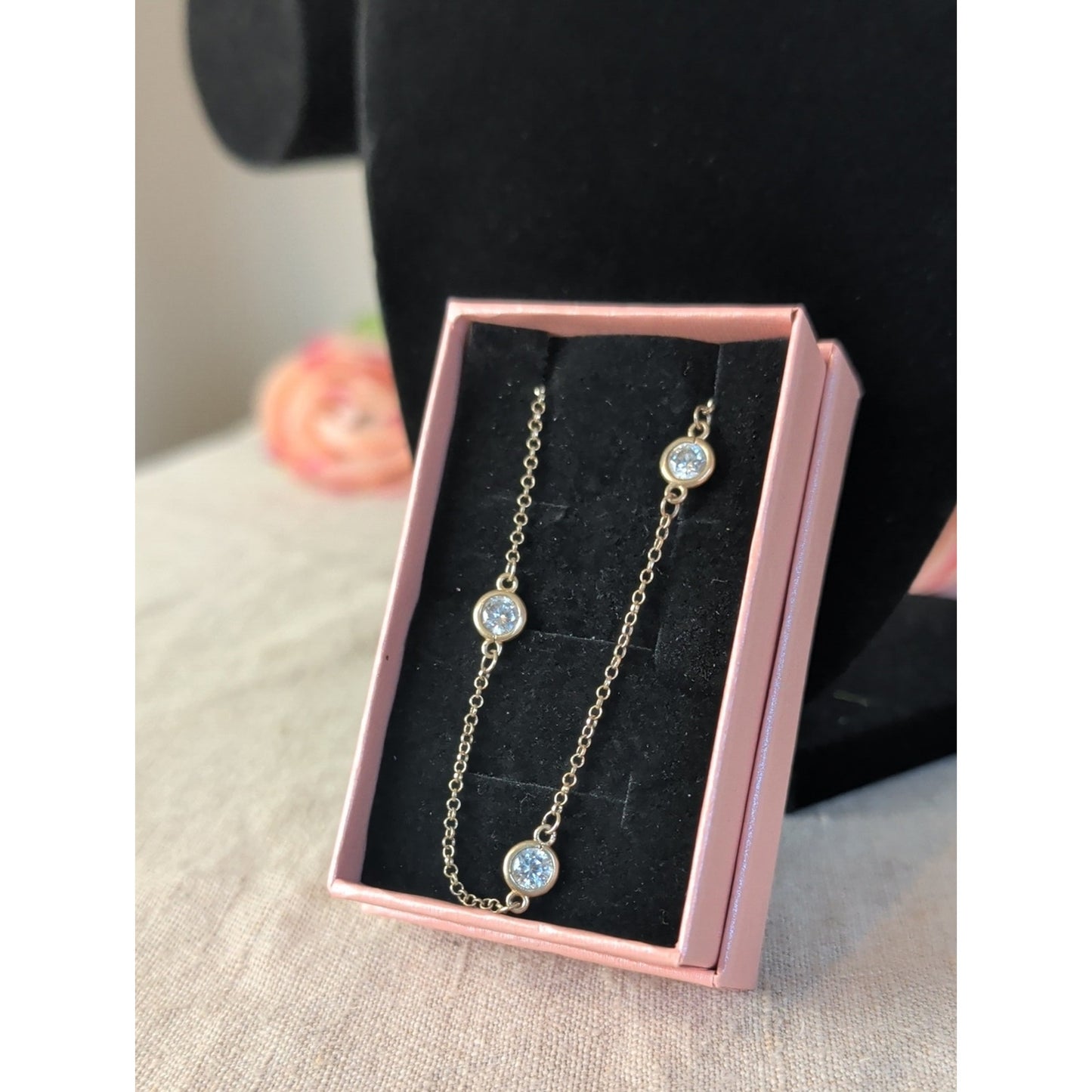 Vintage Talbot's 925 Sterling Silver Crystal Station Necklace Bezel Set Dainty