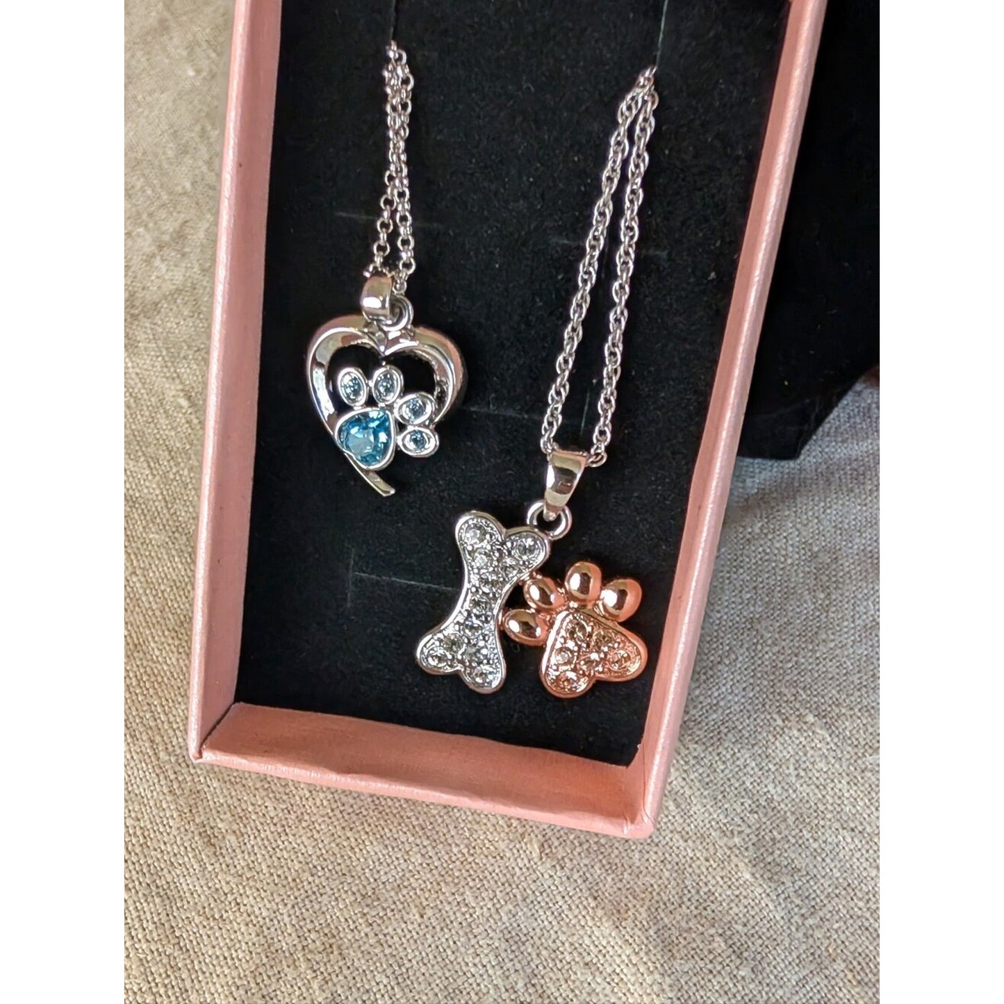 Two FAC Crystal Pet Lover Necklaces  Dog Bone, Paw Print & Heart Pendants