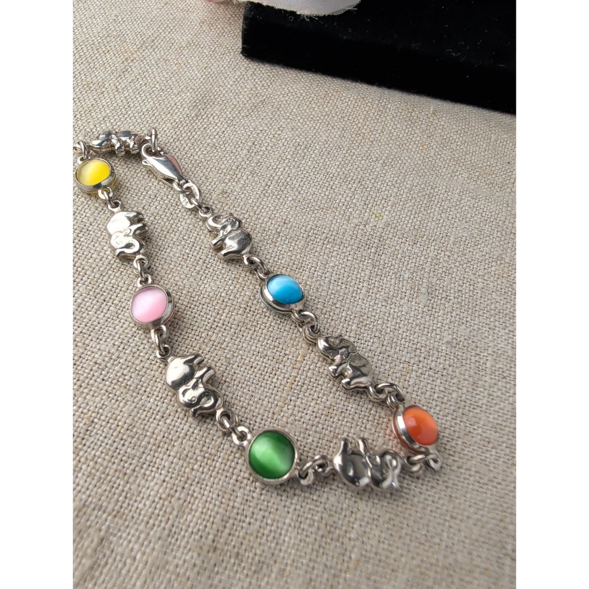 Italy 925 Sterling Silver Elephant & Multicolored Cats Eye Glass Cabochons