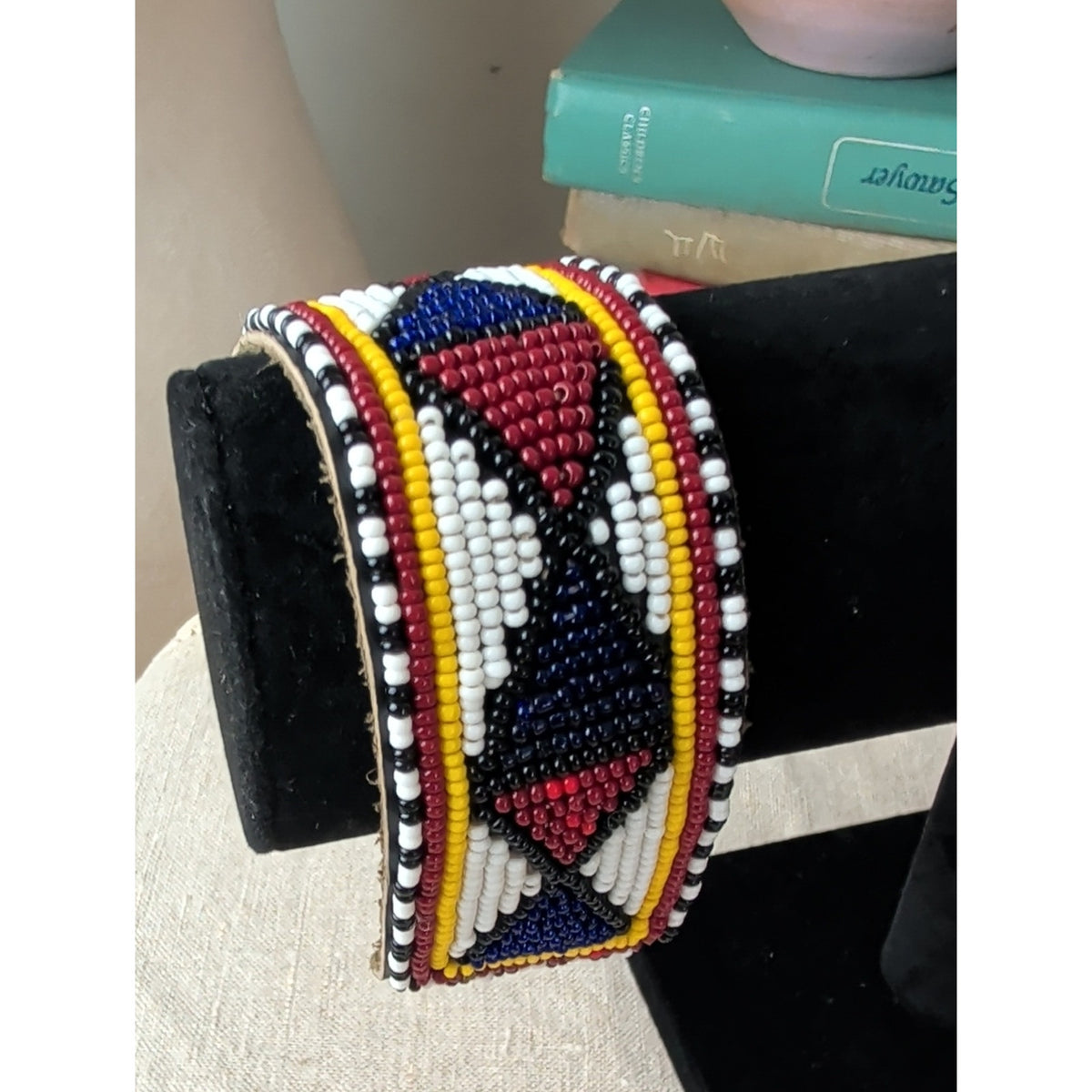Southwestern Beaded Leather Cuff Bracelet Aztec Style Geometric Pattern