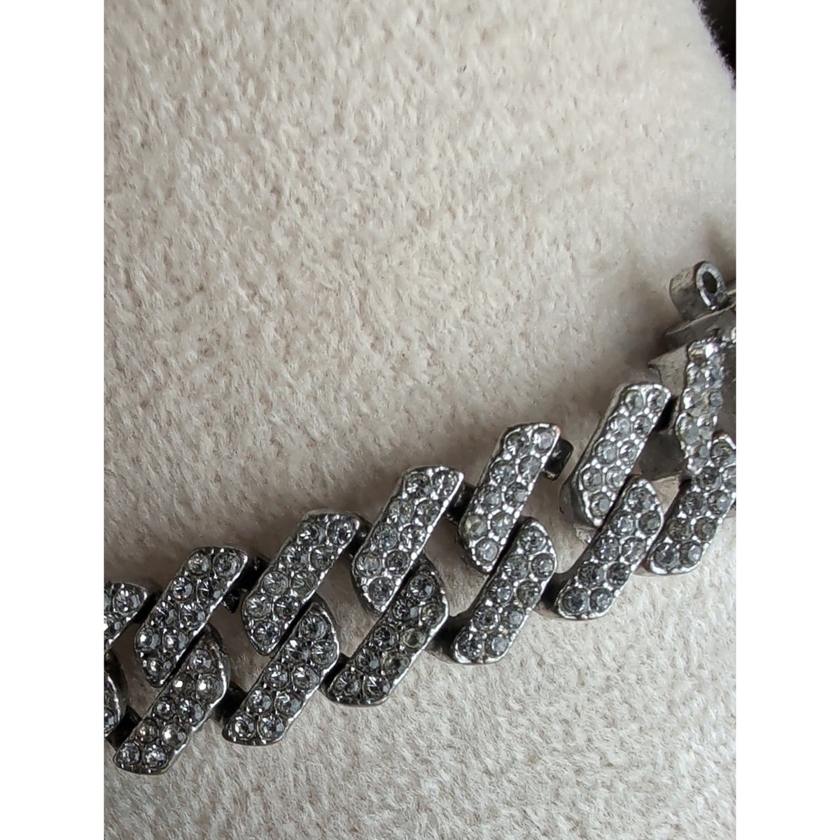 Vintage Pavé Rhinestone Cuban Link Choker Necklace Iced Out Silver Tone 16"