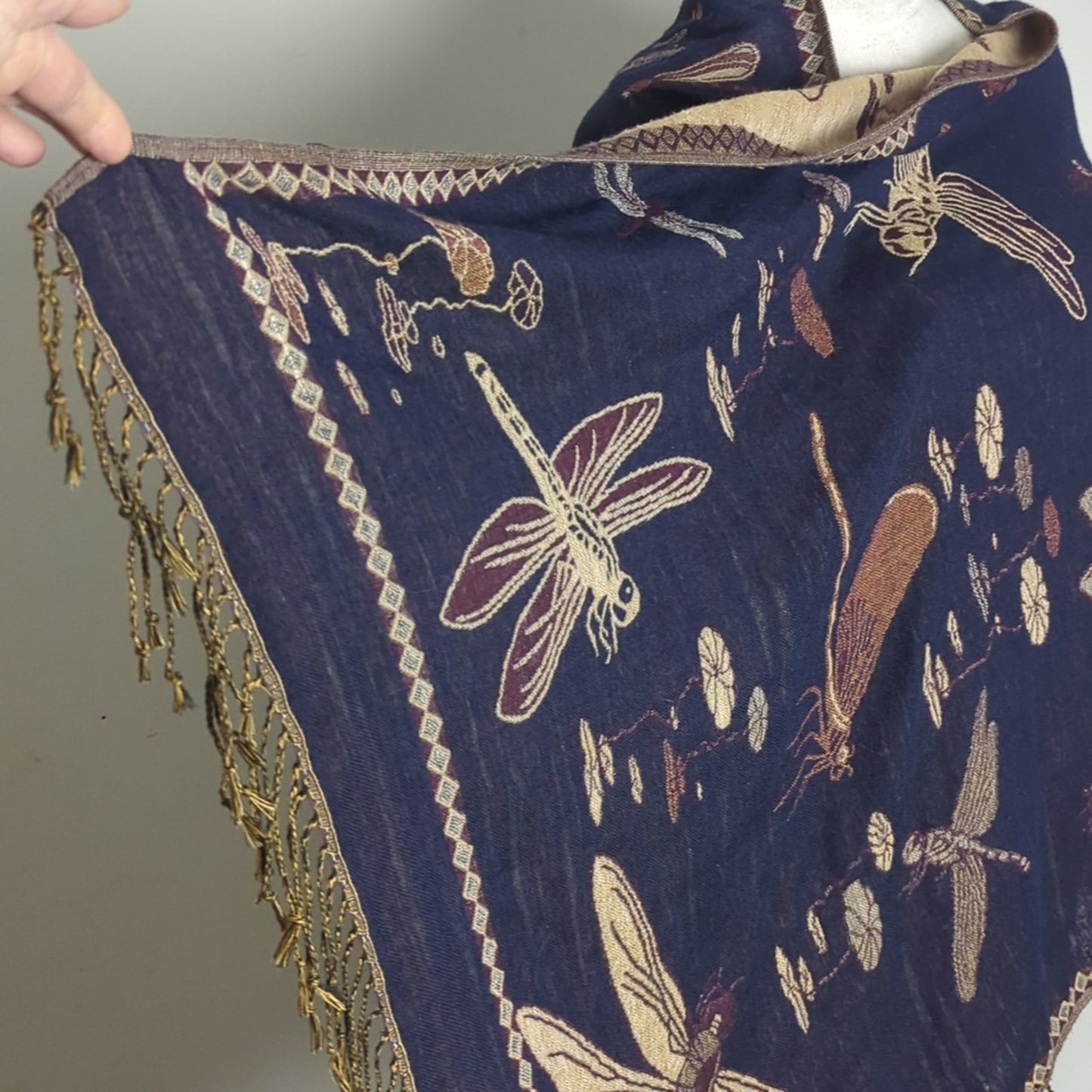 Vintage Dragonfly Water Lily Jacquard Tapestry Shawl Fringe Blanket Scarf Woodland Whimsical