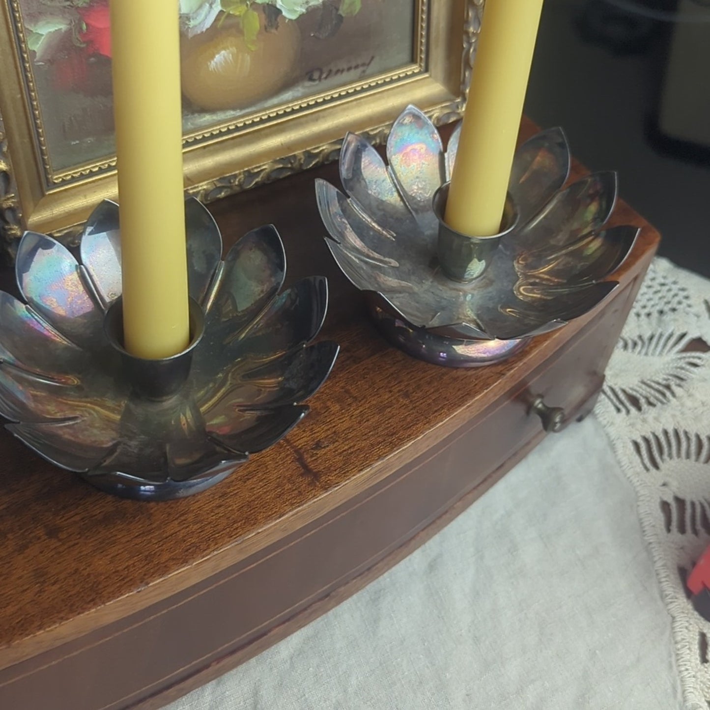Vintage Silver Plated Candlestick Holders Floral Petal Lotus Hollywood Regency