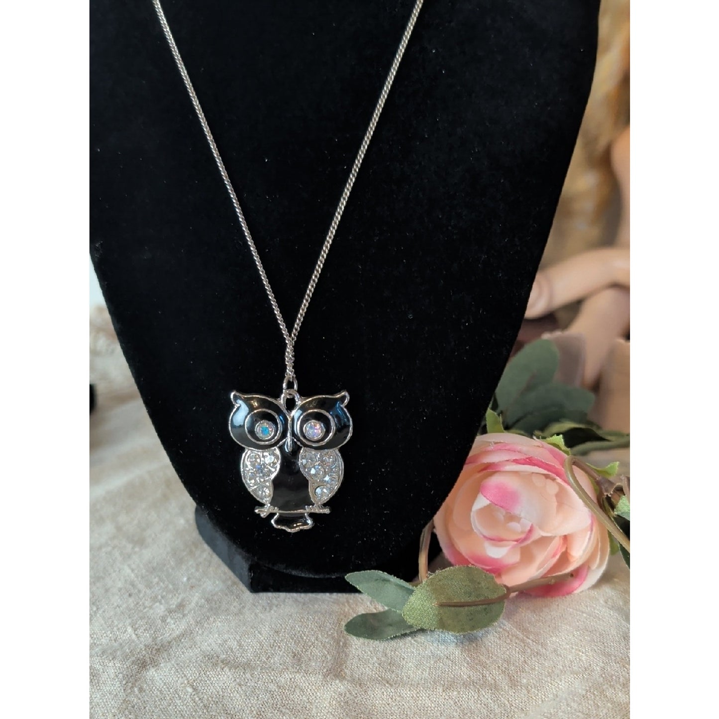 Vintage Black Enamel Owl Pendant Necklace Large 2" Rhinestone Glass Crystal