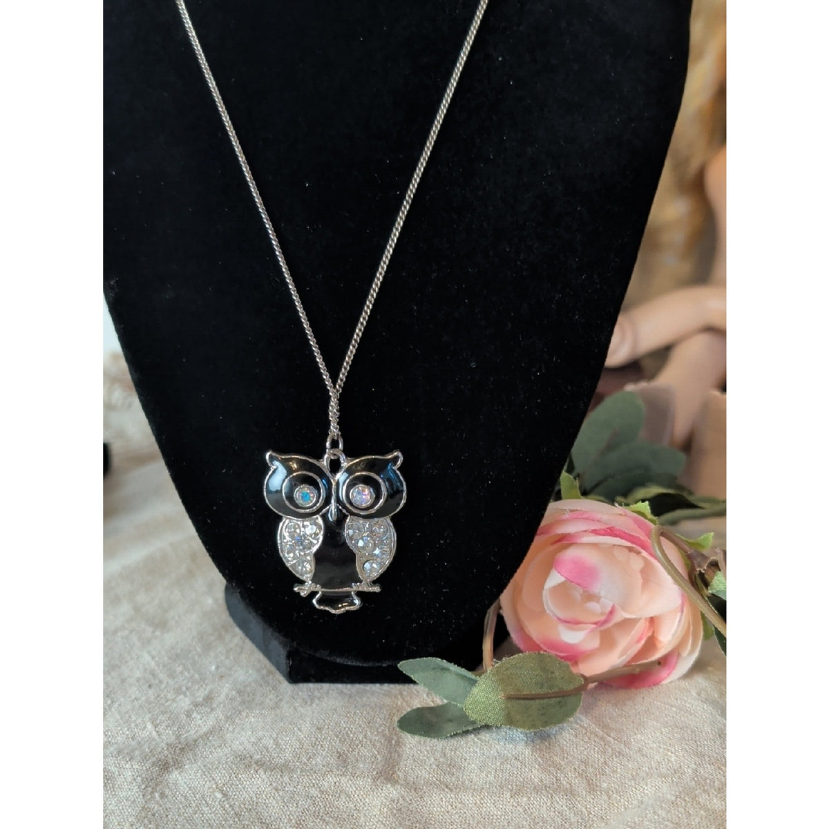 Vintage Black Enamel Owl Pendant Necklace Large 2" Rhinestone Glass Crystal