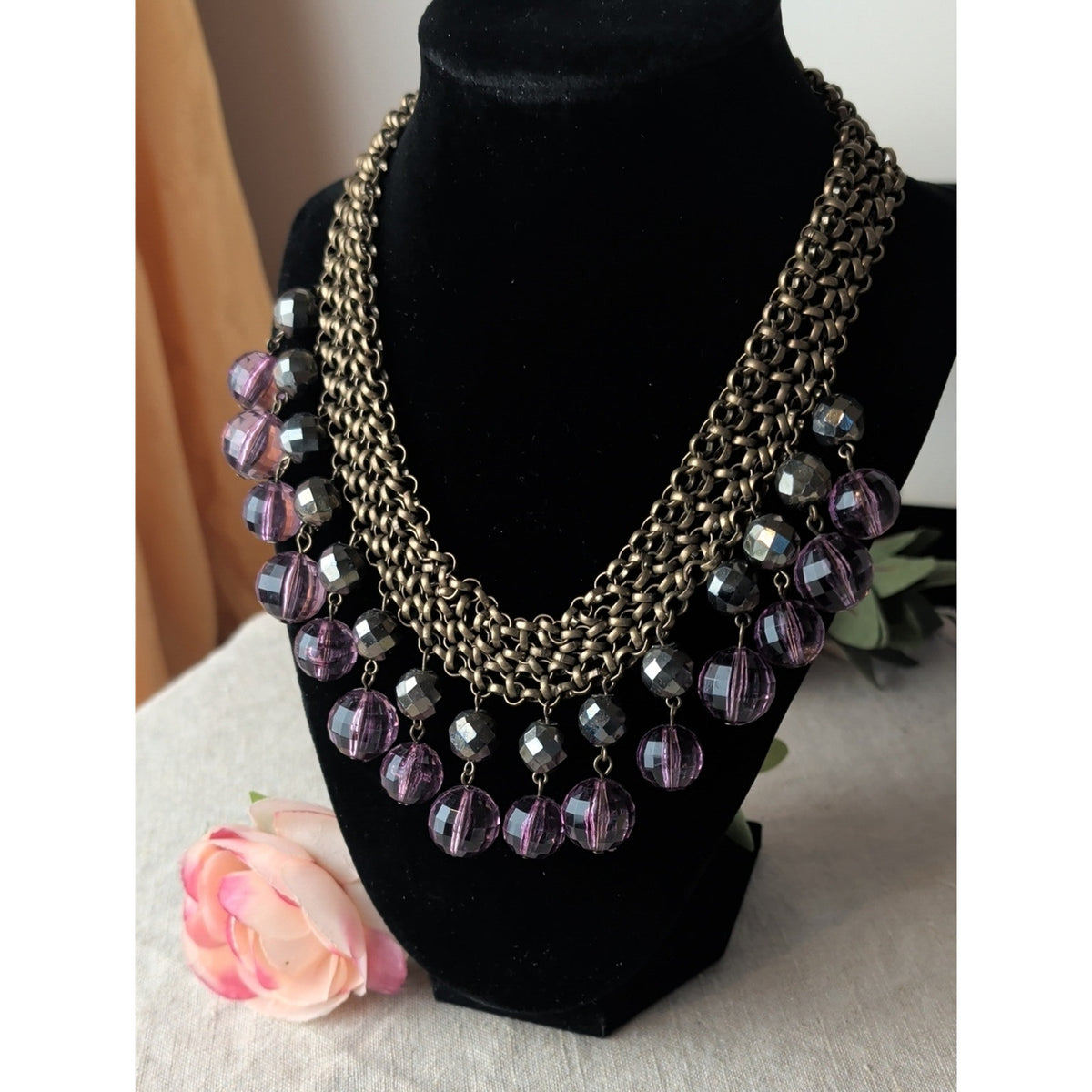 R.J. Graziano Purple Beaded Bib Statement Necklace Antique Brass Chain Boho Y2K