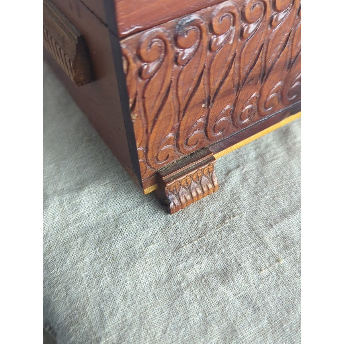 Vintage Carved Wood Keepsake Box | Storybook Cottage Jewelry Chest | Ornate Foot