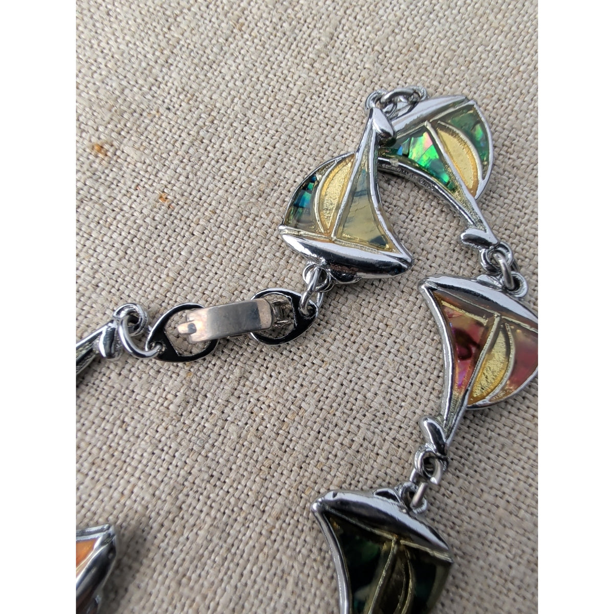 Vintage Silver Tone Sailboat Abalone Inlay Link Bracelet 7.5".