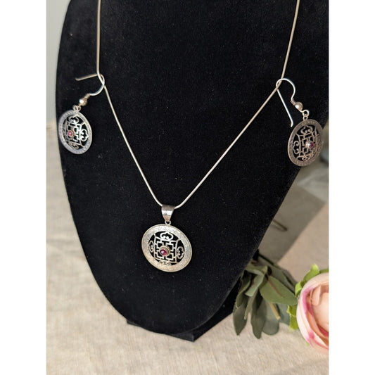 Sterling Silver 925 Tibetan Mandala Pendant Necklace & Earrings Set Red Cabochon