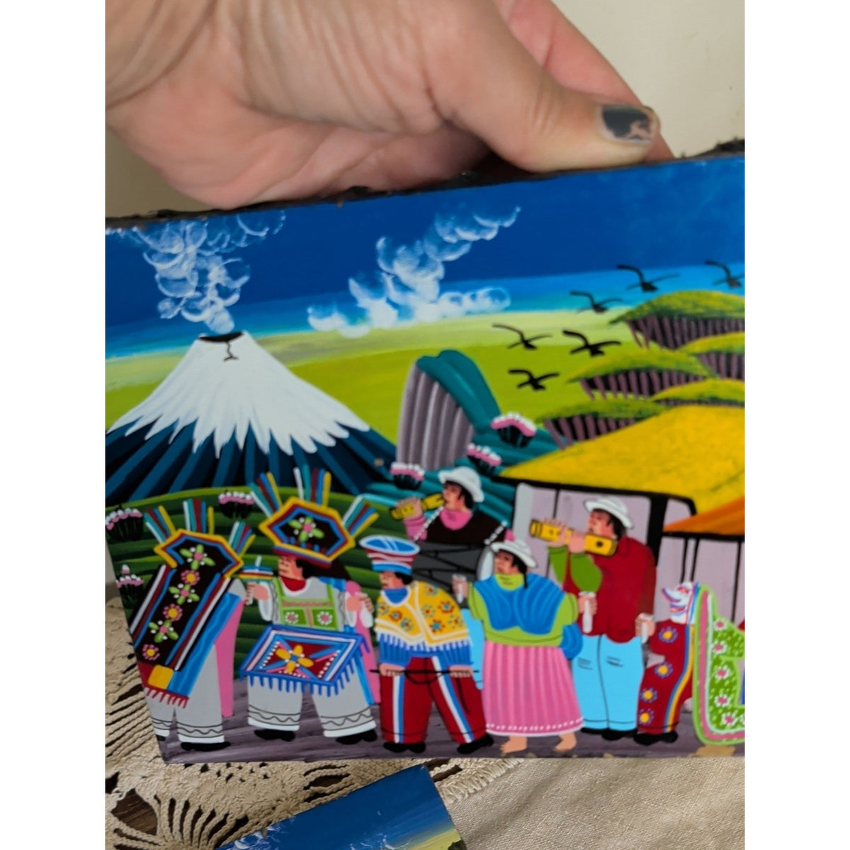 Ecuadorian Folk Art Paintings Pair Hand Painted Andean Village Textured Canvas