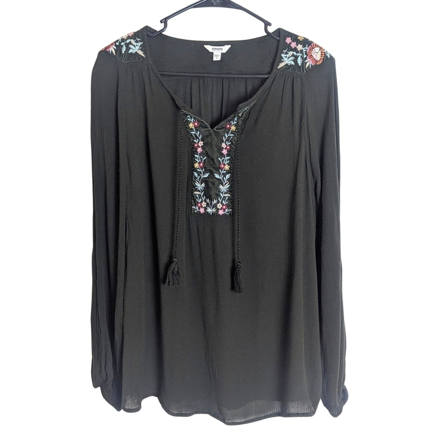 Boho Embroidered Velour Detail Pullover Top Women's Size Large