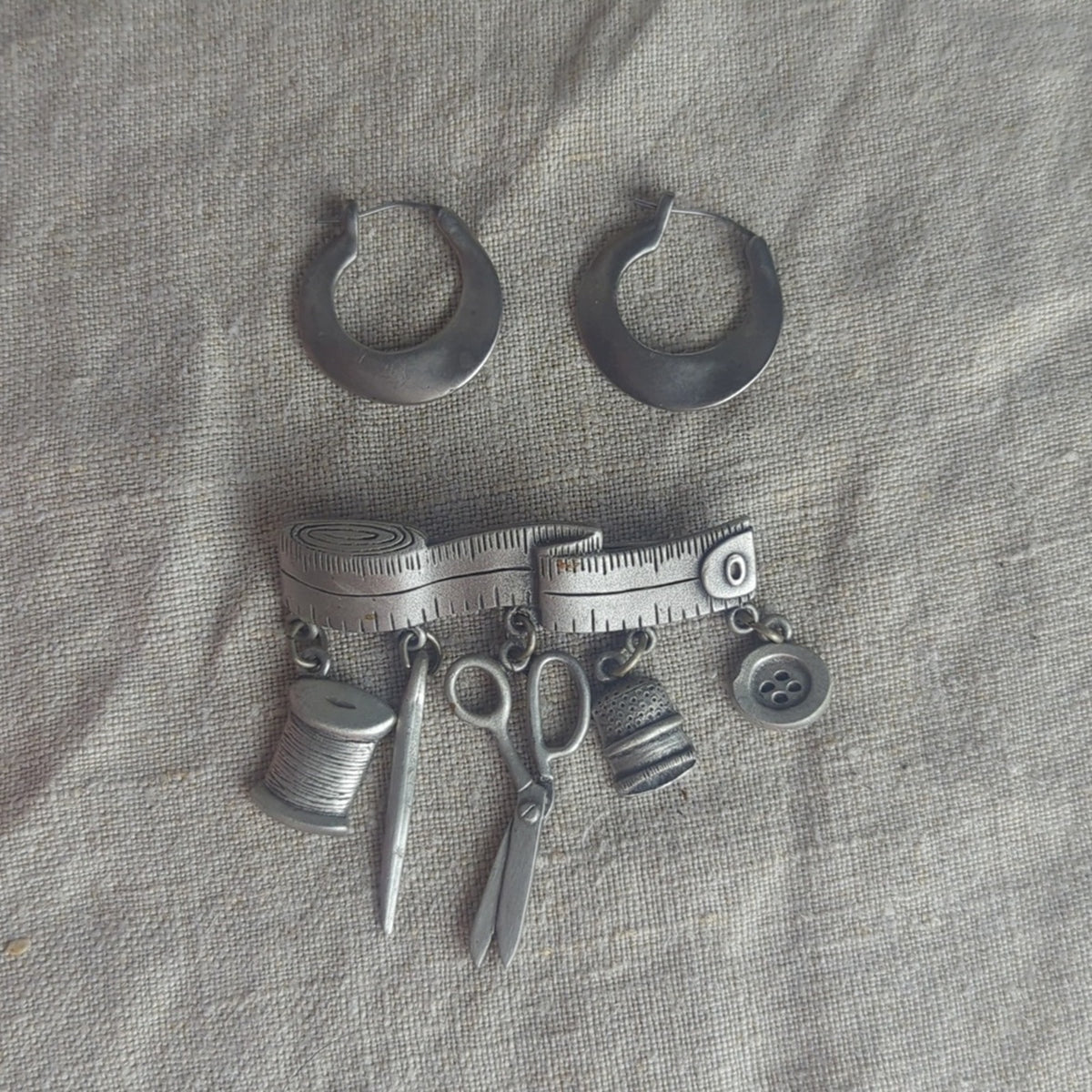 Vintage Sewing Motif Pin & Pewter Hoop Earrings Curated Maker Set