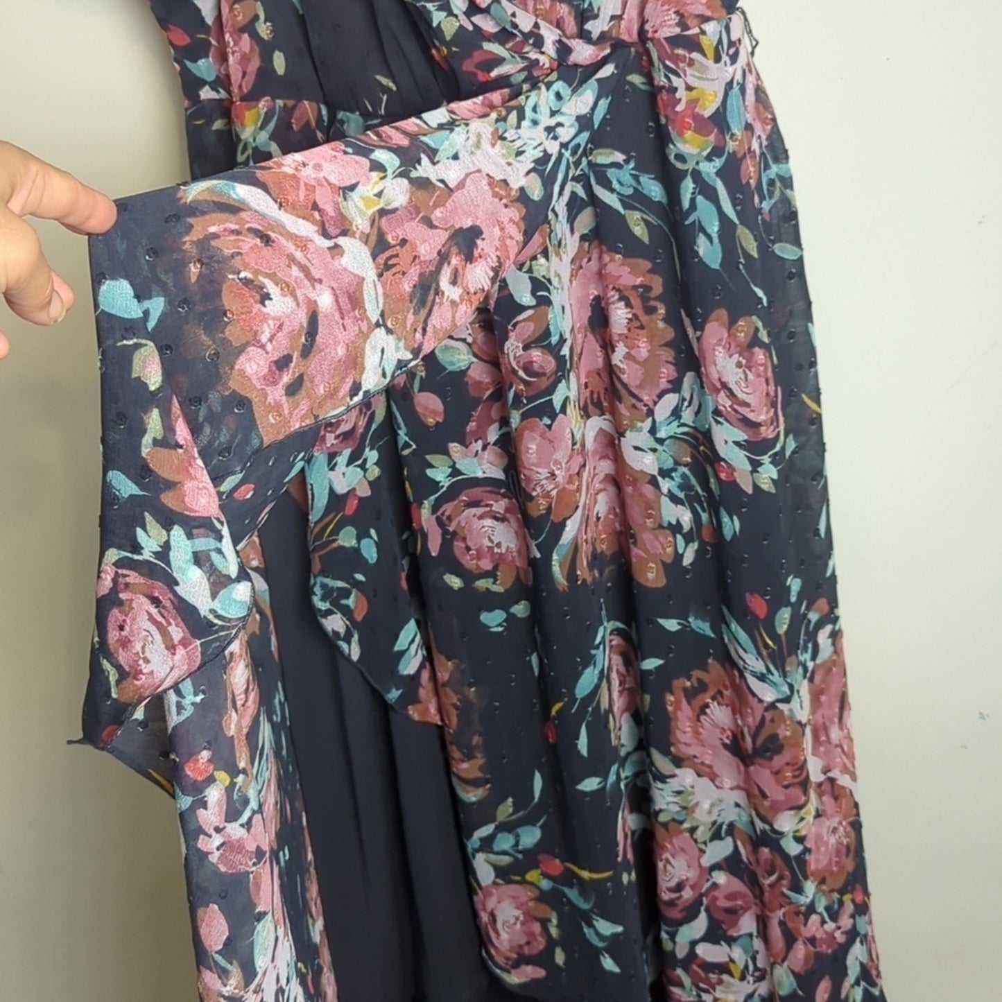 Dark Romantic Faux Wrap Dress High-Low Swiss Dot Floral Dark Grey Size M/L